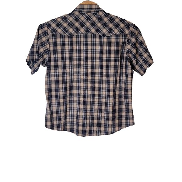 Wrangler Wrancher Pearl Snap Button Up Shirt Size XL Short Sleeve Blue Tan Plaid - Picture 2 of 5